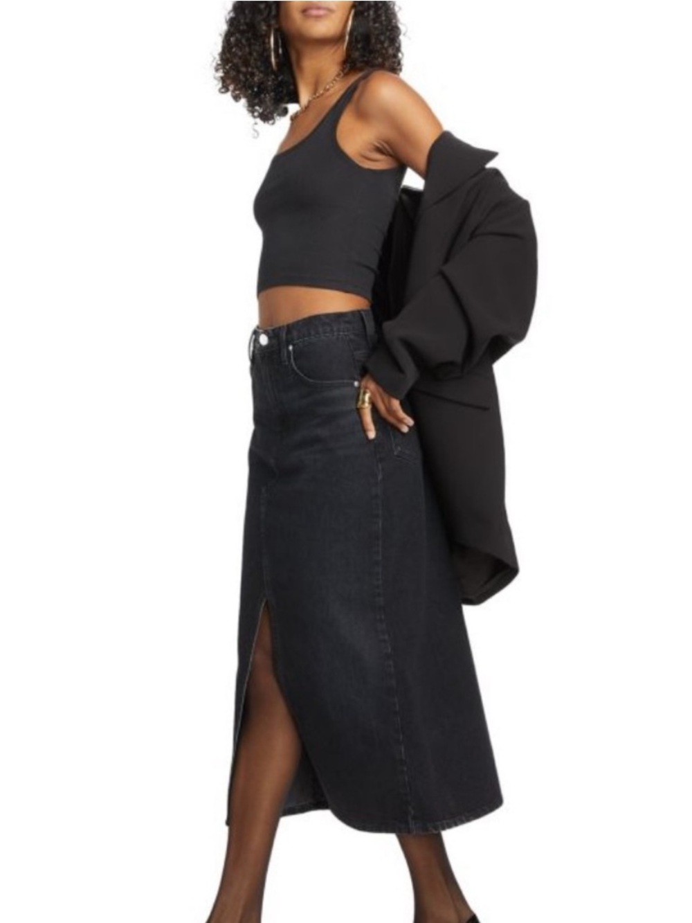 Frame Denim Black Denim Midi Skirt
